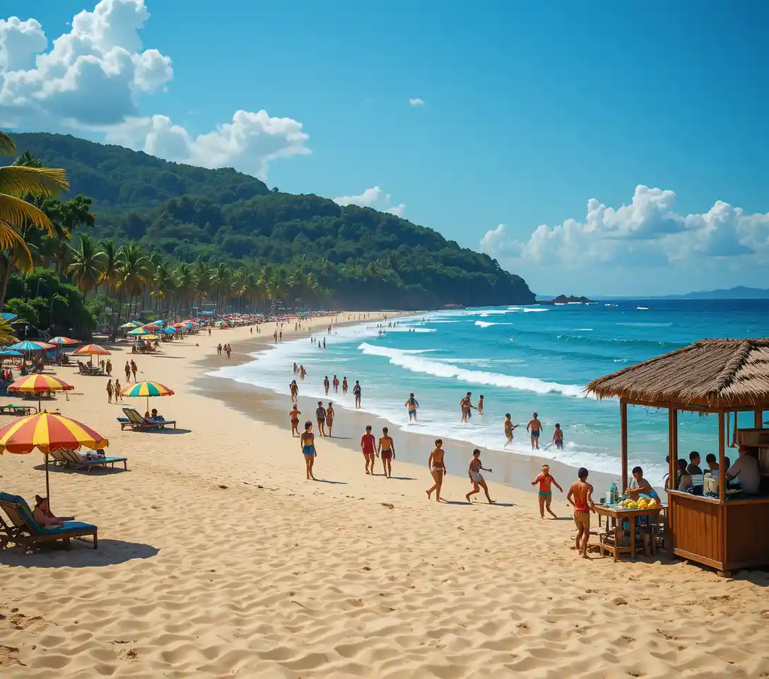Bunter tropischer Strand mit Sonnenschirmen und üppigem Wald