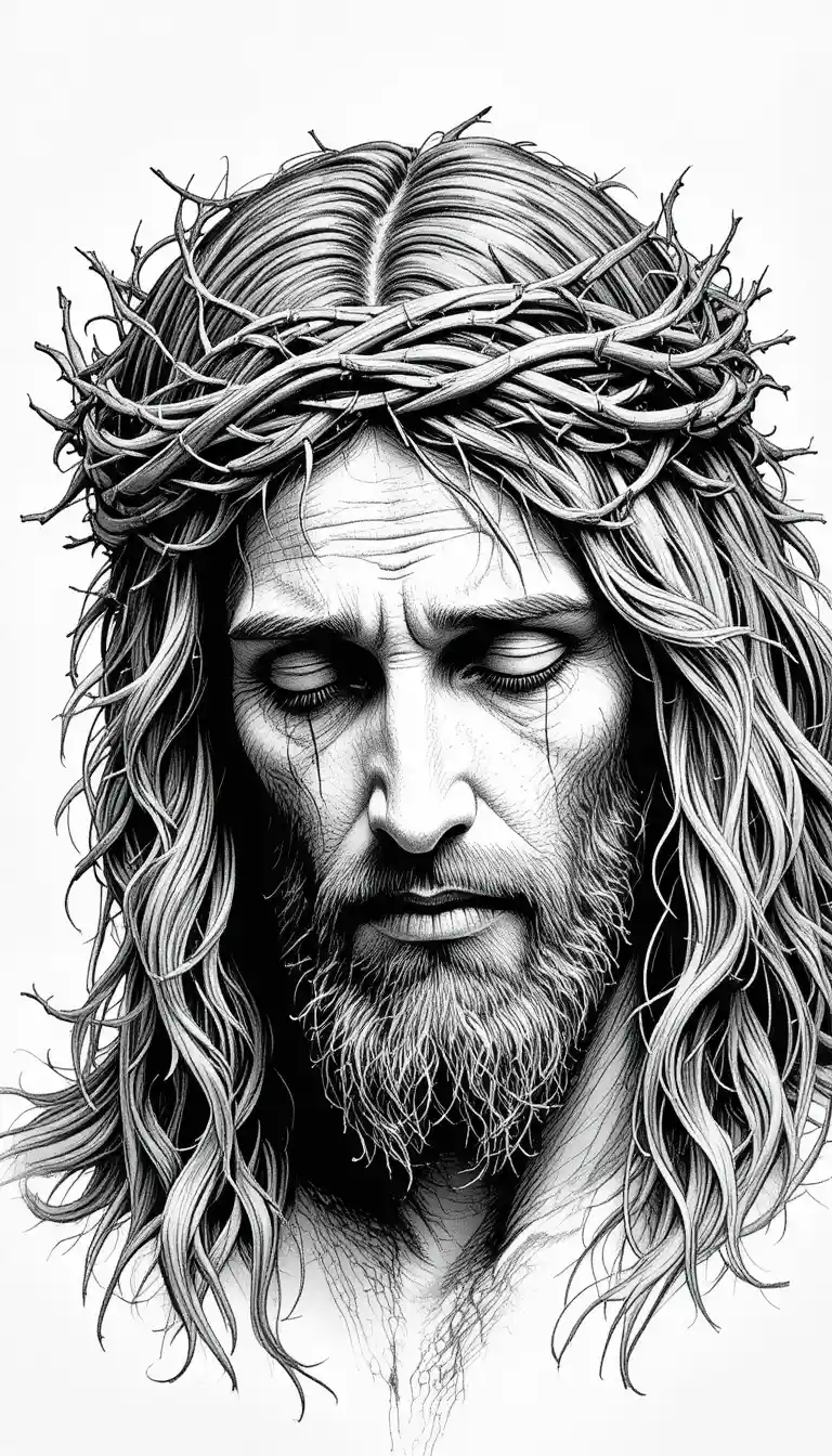 Portrait en noir et blanc de Jésus avec une couronne d’épines