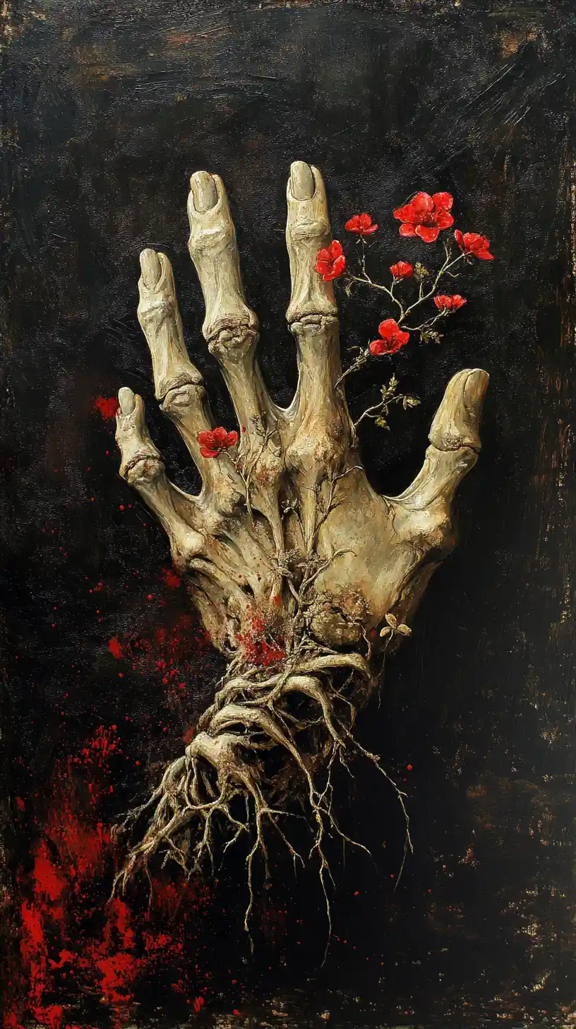 Fossilized Human Hand Transforming Into Roots With Flowers