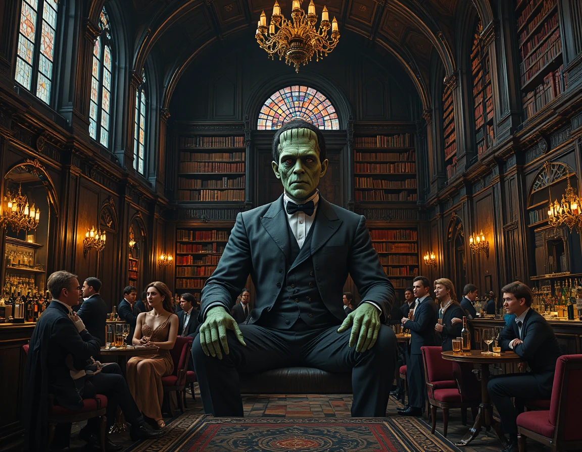 Mostro di Frankenstein in un opulento bar gotico vittoriano