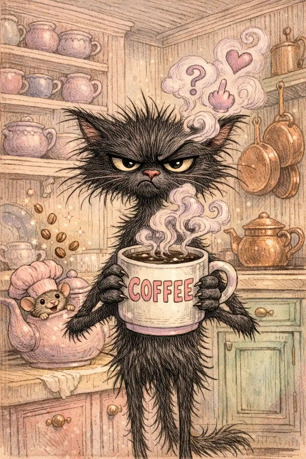 Grumpy black cat with coffee in a pastel kitchen