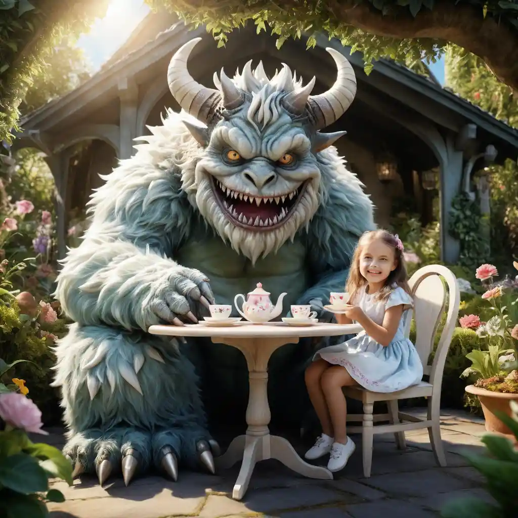 Minuscule fillette partageant le thé du matin avec un gentil monstre cornu