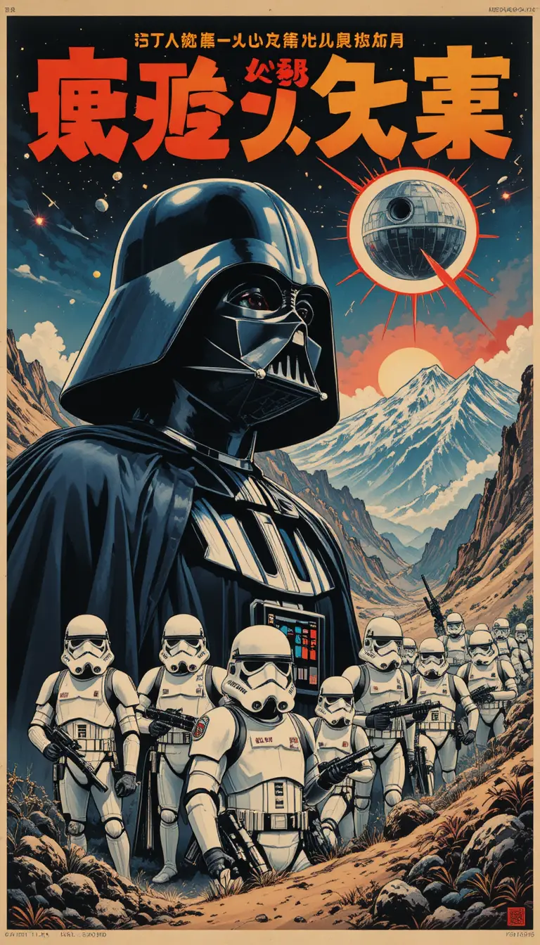 Vintage sci fi propaganda poster with masked figure and battles