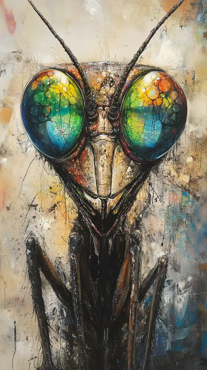 Surreal mantis close up with large reflective eyes