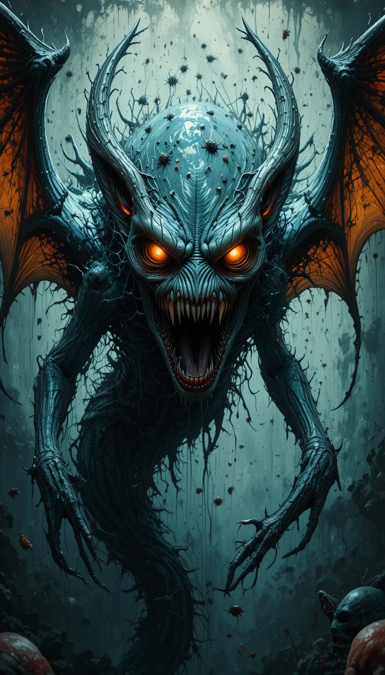 Winged aquatic monster with glowing eyes in chaotic horror scene