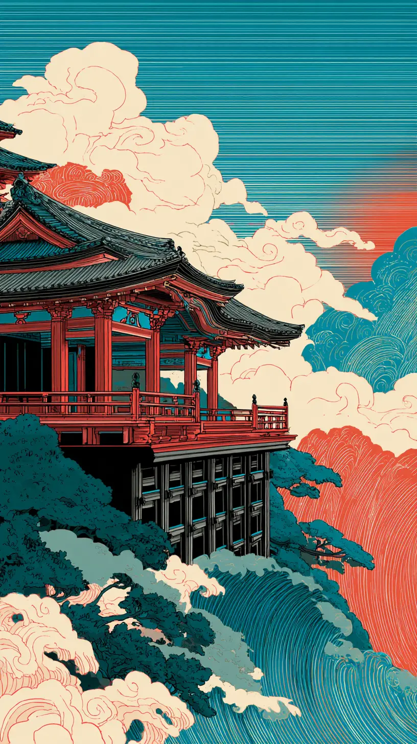 俯瞰霧氣山坡的浮世繪寺廟露台