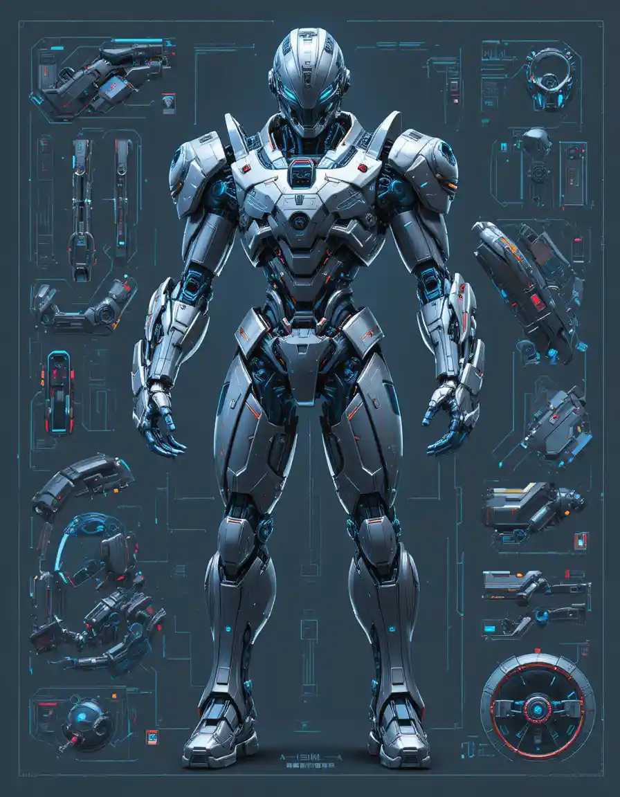 Blueprint de Armadura Mecha Futurista com Componentes Cibernéticos