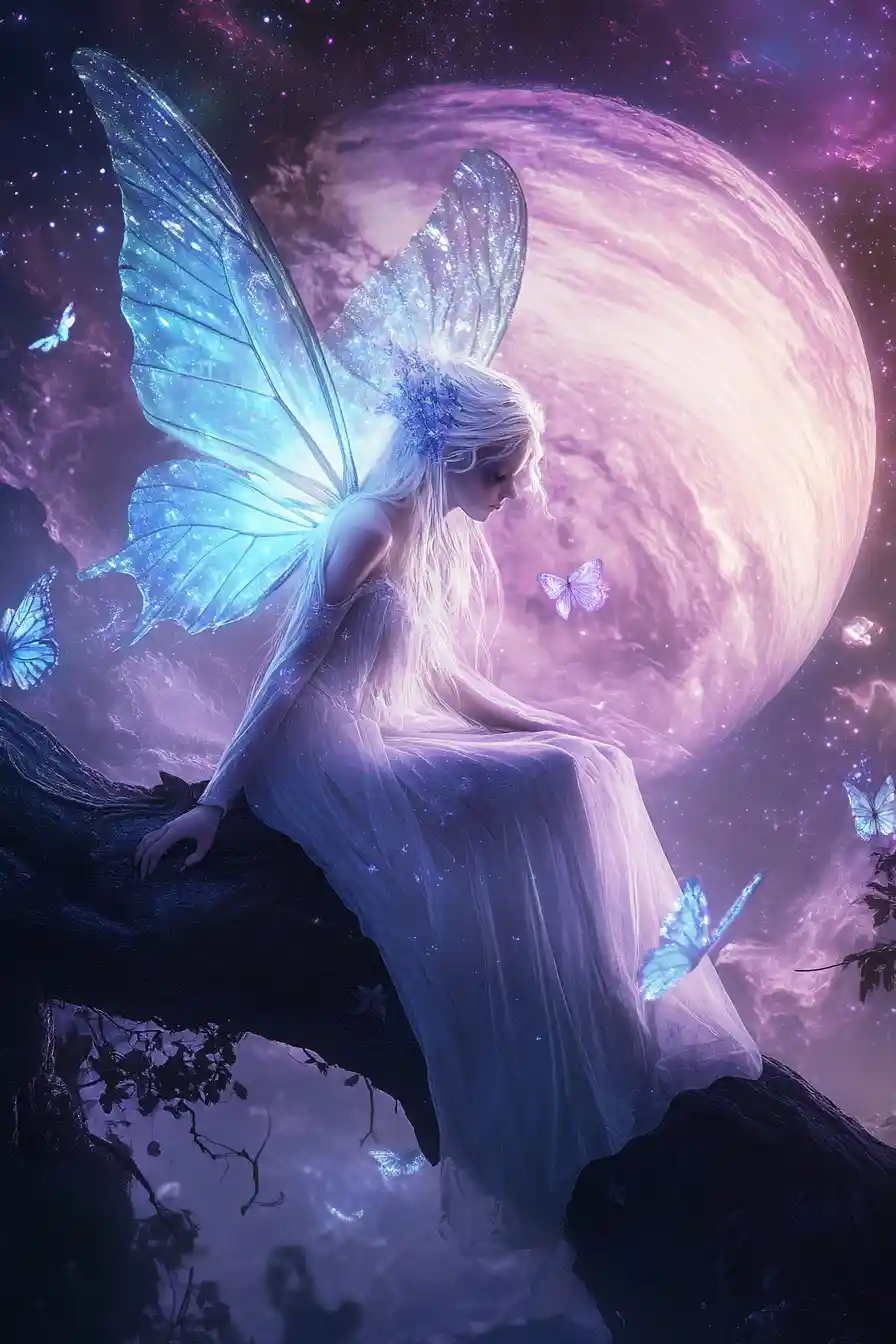 Ethereal fairy woman on a cosmic branch beneath a ringed planet