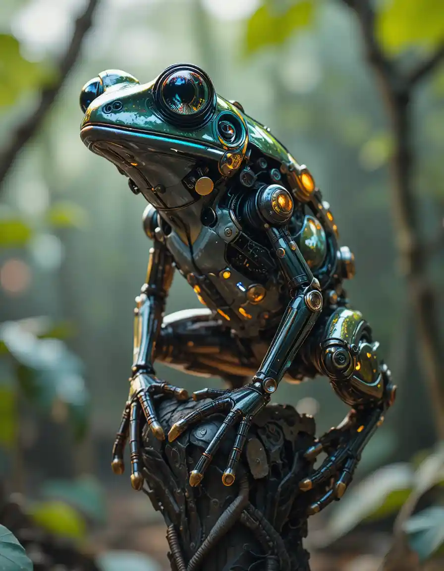 Grenouille arboricole néon cybernétique sur tronc métallique dans l’obscurité