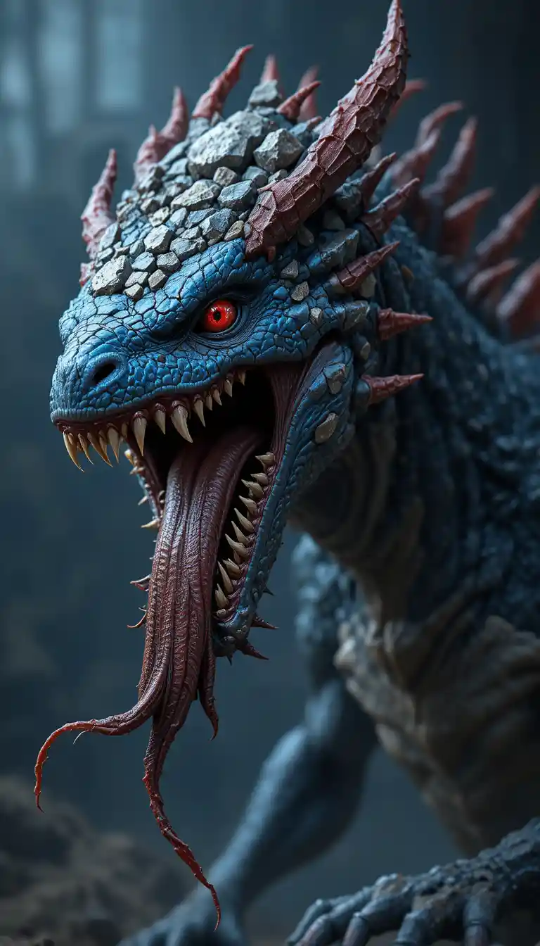 Fierce Blue Dragon Close Up With Red Spikes And Eye