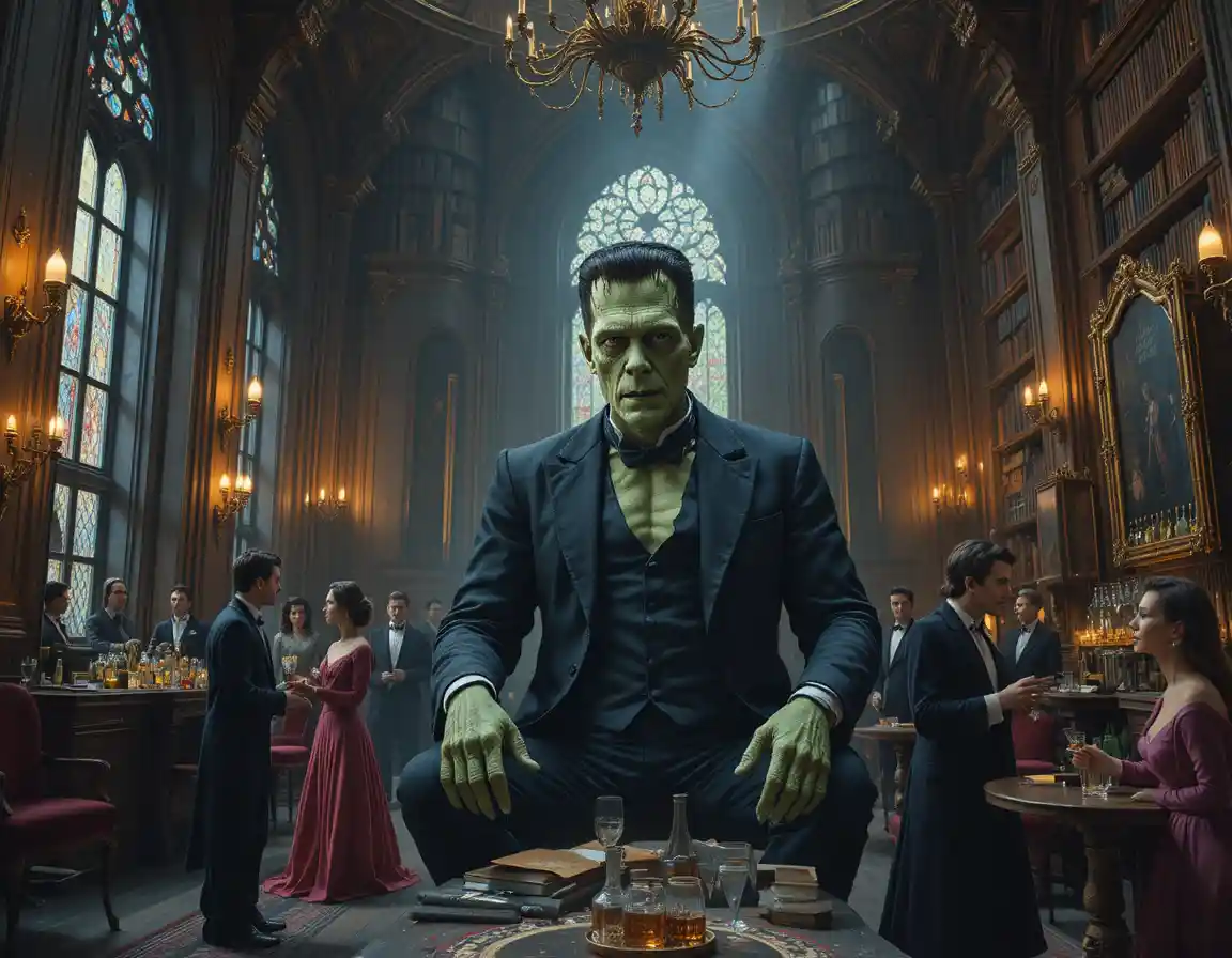 Monstro ao estilo Frankenstein em um luxuoso bar vitoriano de coquetéis