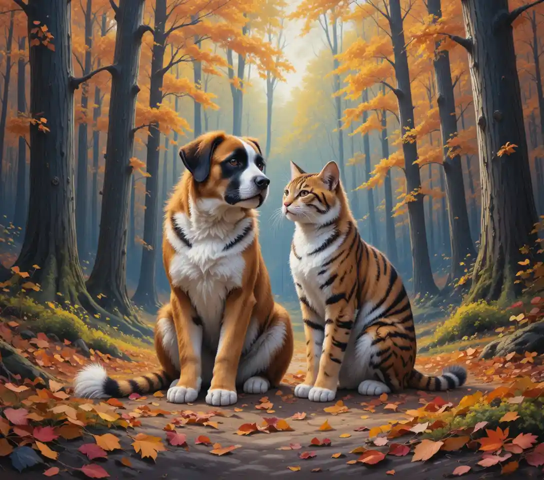 Cachorro San Bernardo y gatito atigrado en bosque otoñal