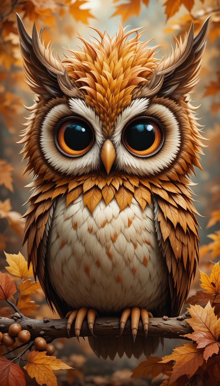 Chouette cartoon mignonne avec feuilles d’automne et glands