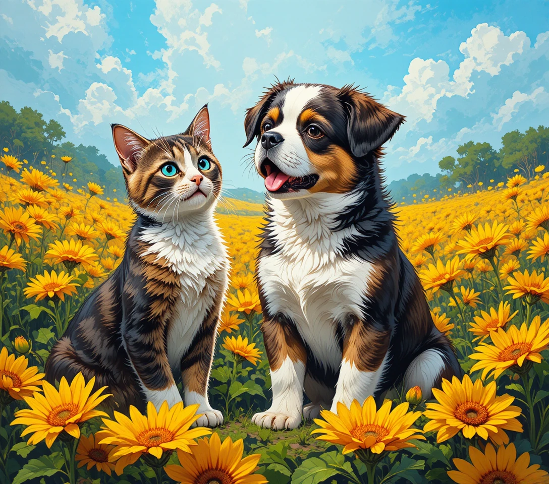 Chiot Saint-Bernard et chaton dans un champ de tournesols lumineux