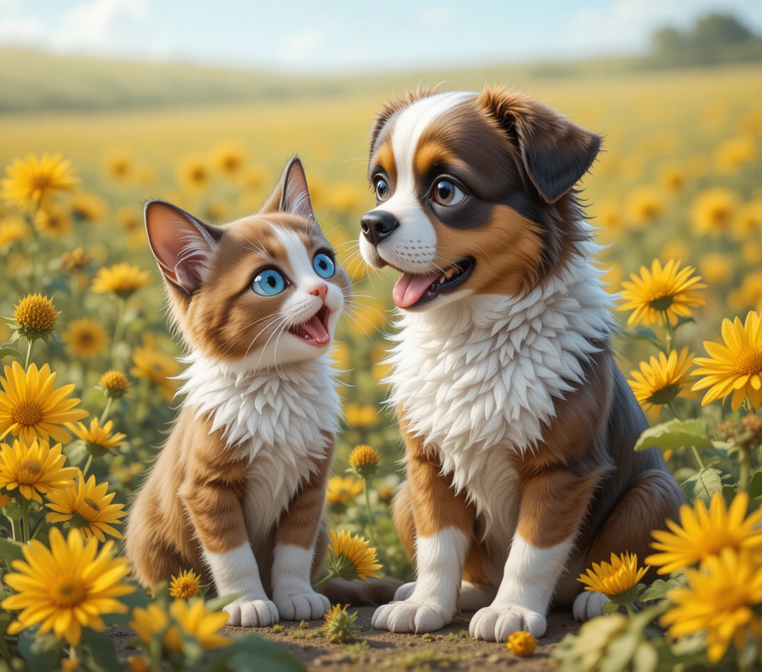 Chiot Saint-Bernard et chaton dans un champ de tournesols ensoleillé