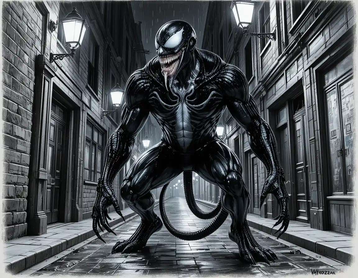 Monstro negro ameaçador em um beco urbano escuro à noite