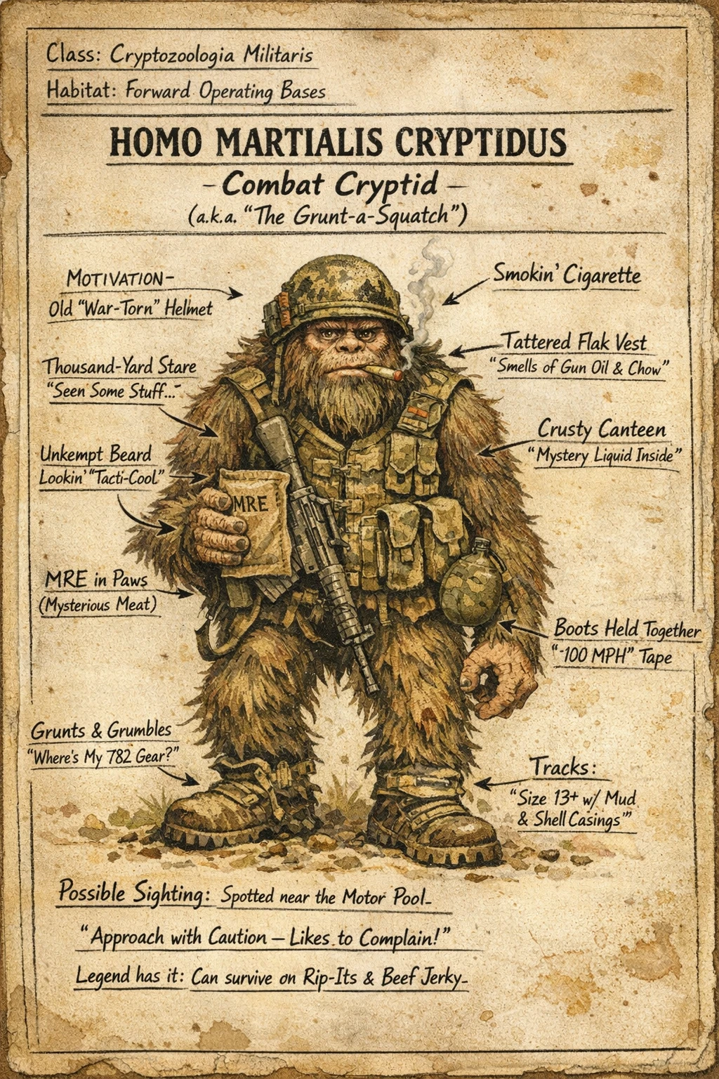 Página de guia de campo vintage de críptido com criatura militar bem-humorada