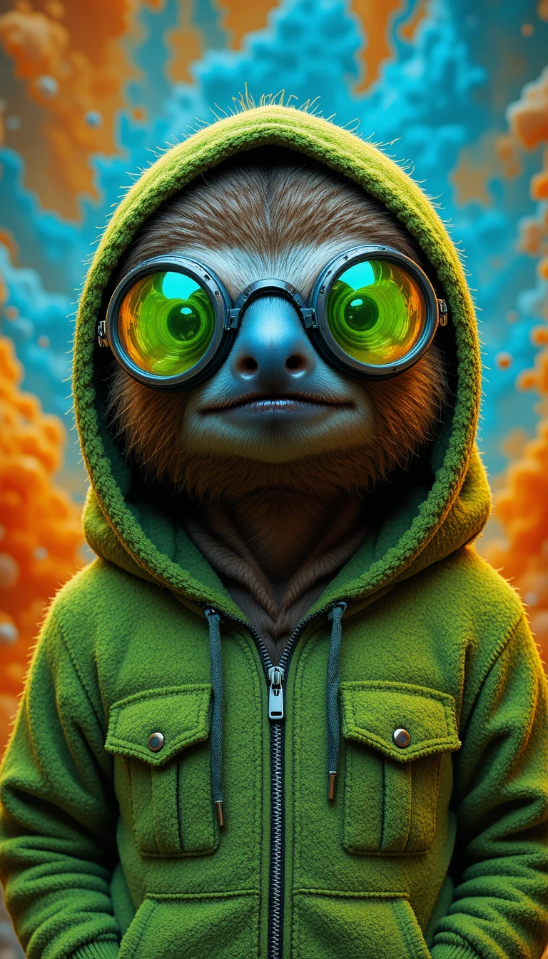 Cooler Faultier-Charakter im Hoodie vor farbenfrohem Sci-Fi-Hintergrund