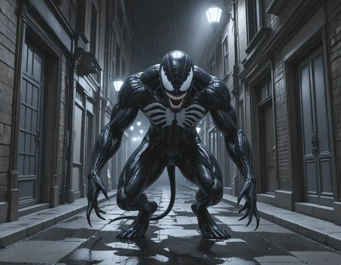 Monstro simbiótico grotesco em um beco urbano escuro