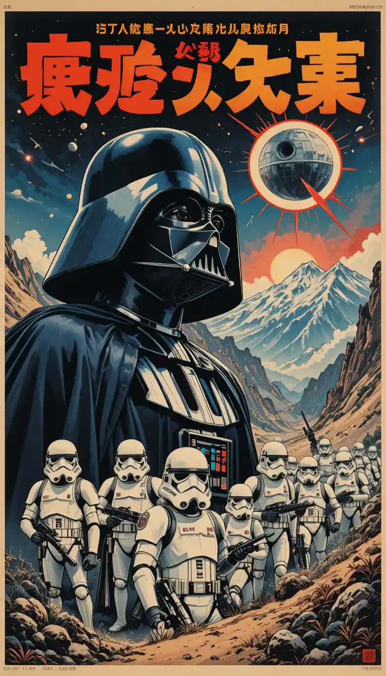 Vintage sci fi propaganda poster with masked figure and battles