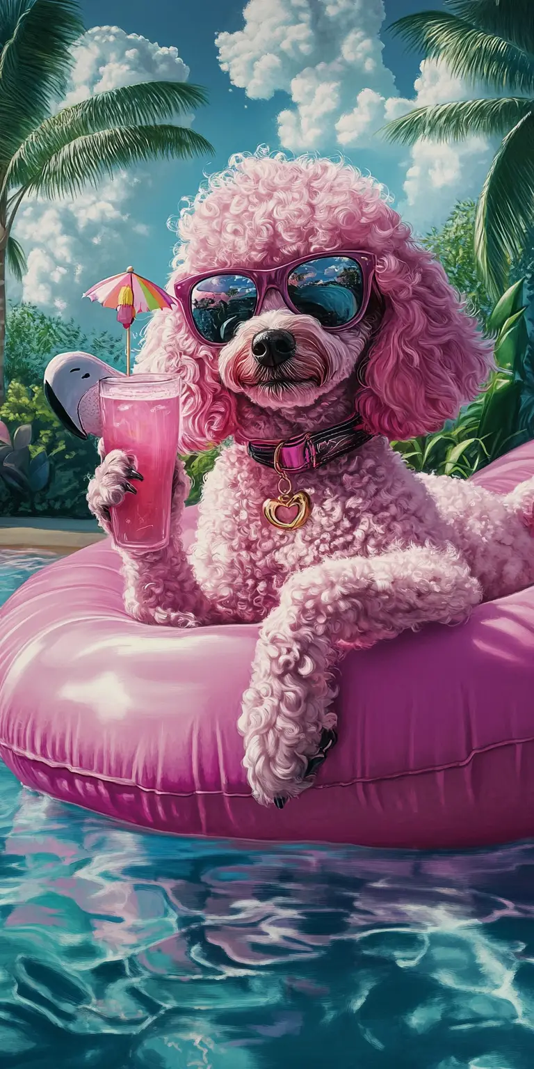 Caniche rose glamour se relaxant sur une bouée flamant rose dans la piscine