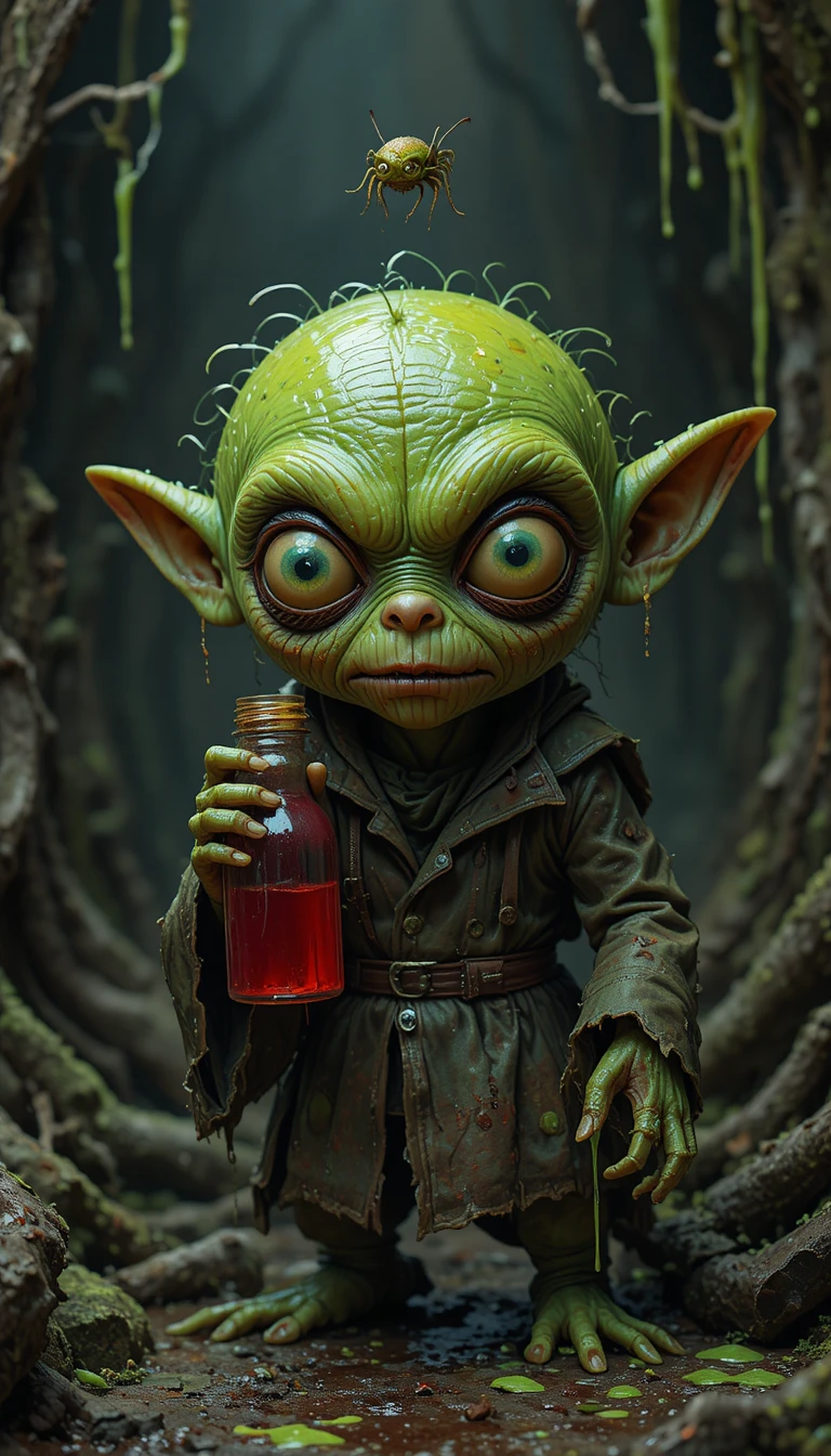 Duende assustador segurando um frasco vermelho-sangue na escuridão