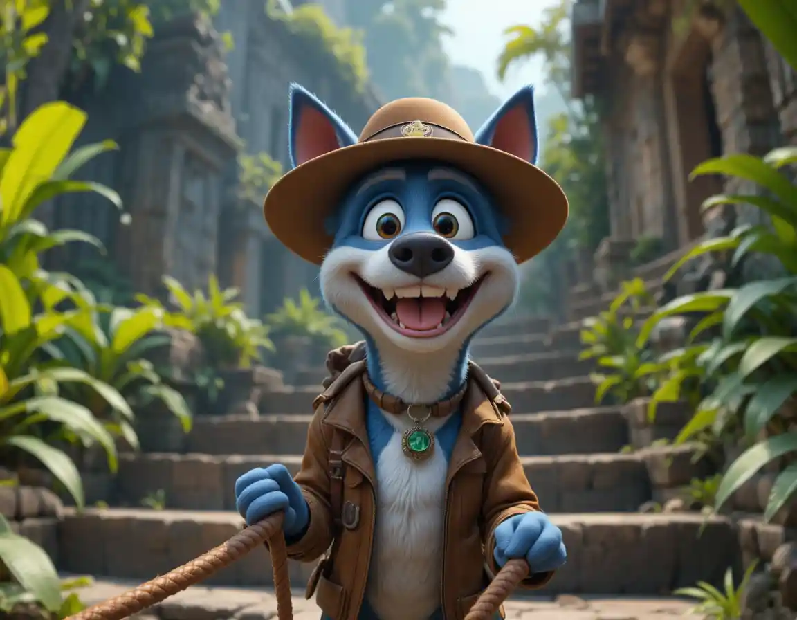 Cartoon dog explorer on jungle temple steps in daylight