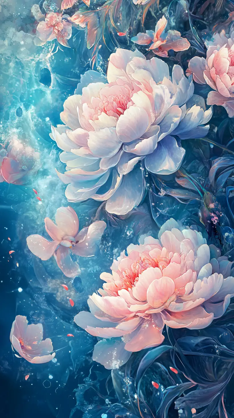 色彩繽紛牡丹的神秘藍色奇幻插畫