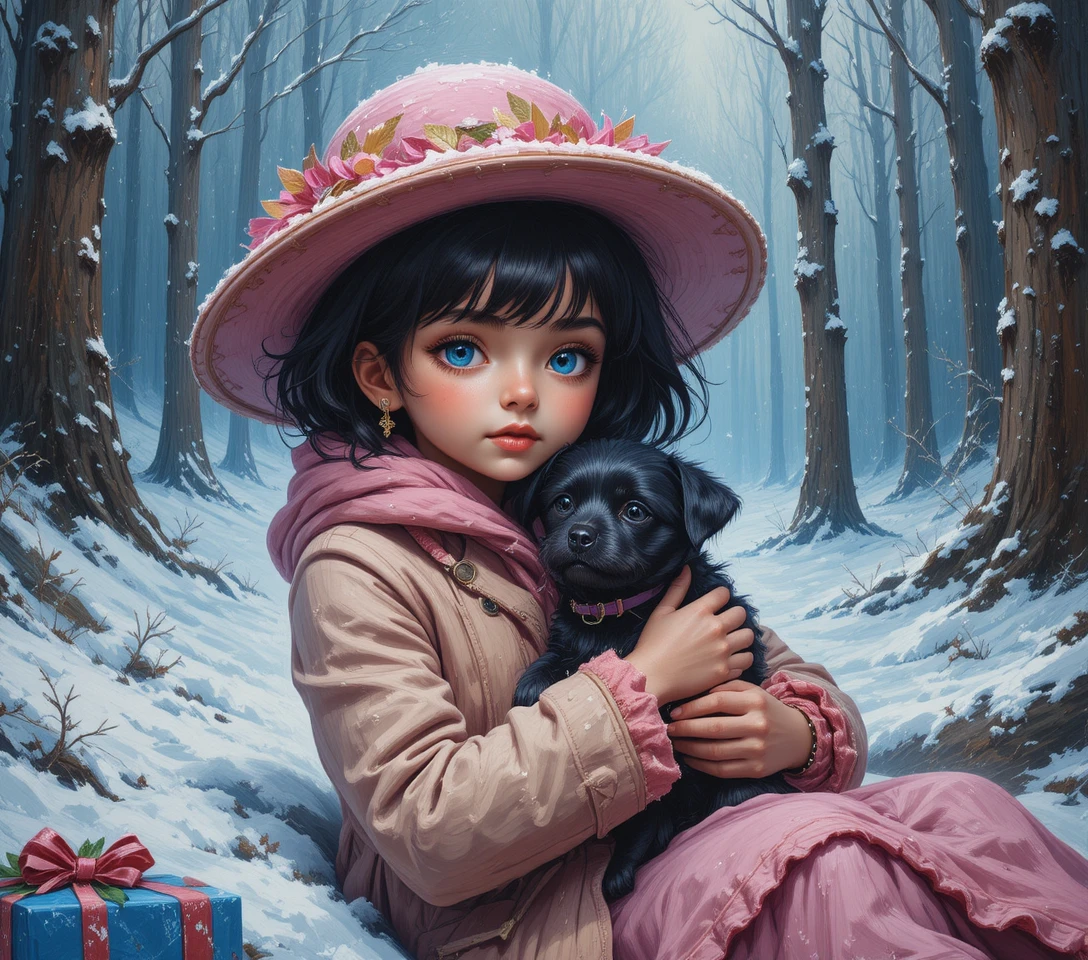 Girl in pink coat cuddling dog in snowy forest