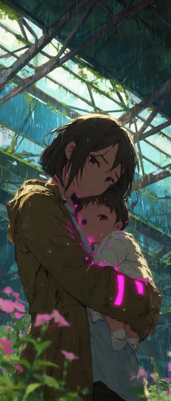 Madre anime che tiene in braccio un bambino olografico che svanisce tra le rovine