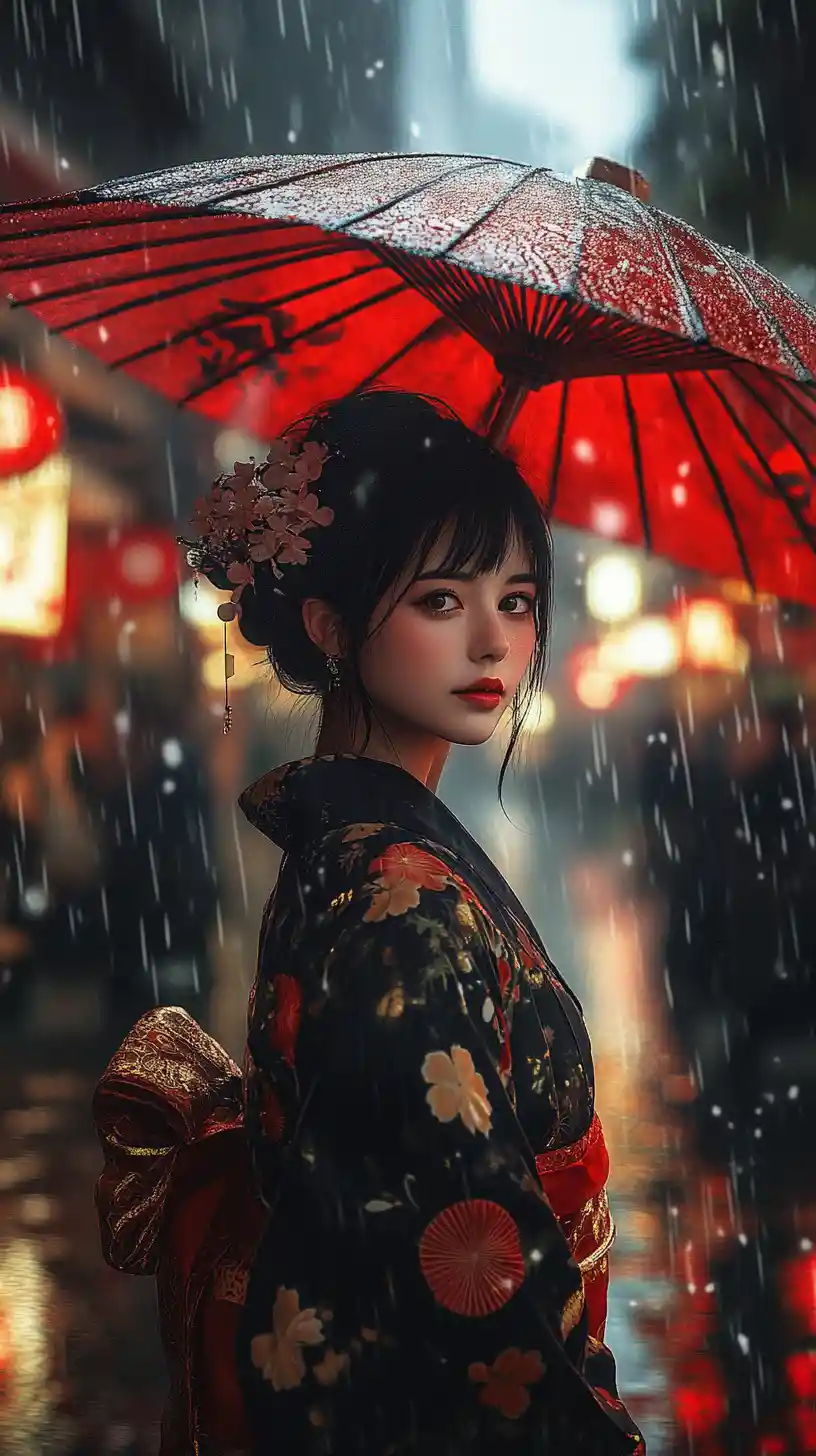 Smiling young woman in kimono on rainy Japanese street