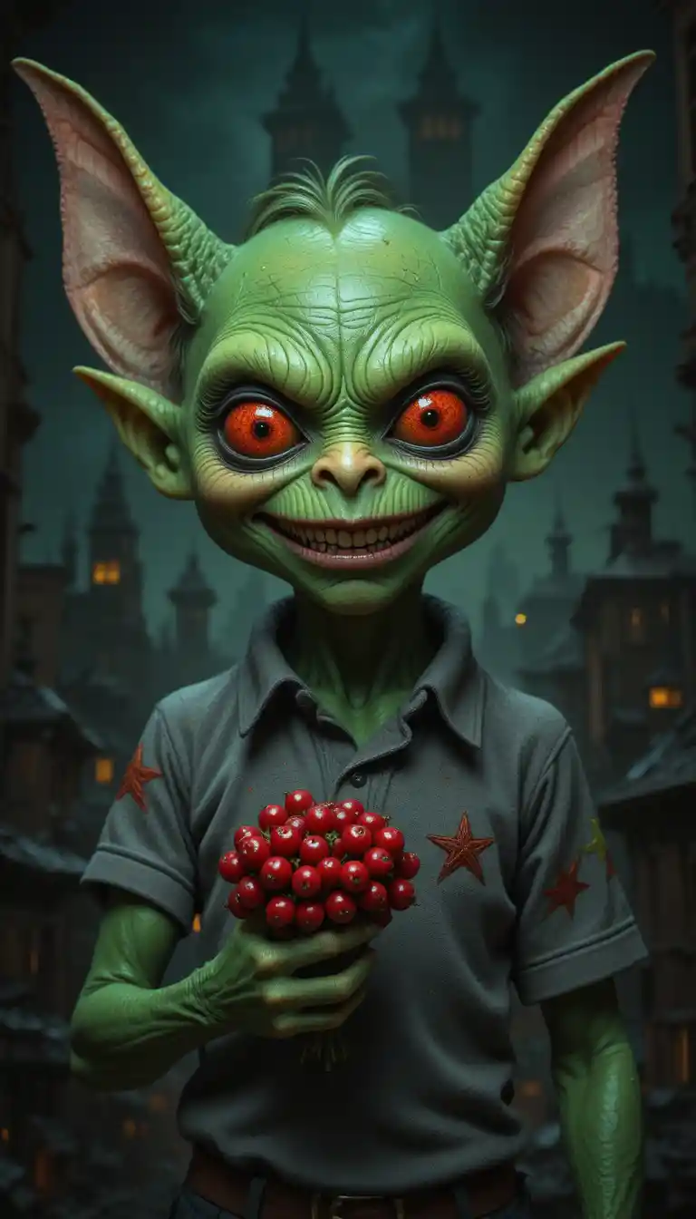Duende verde assustador sorrindo diante de um cenário urbano sombrio