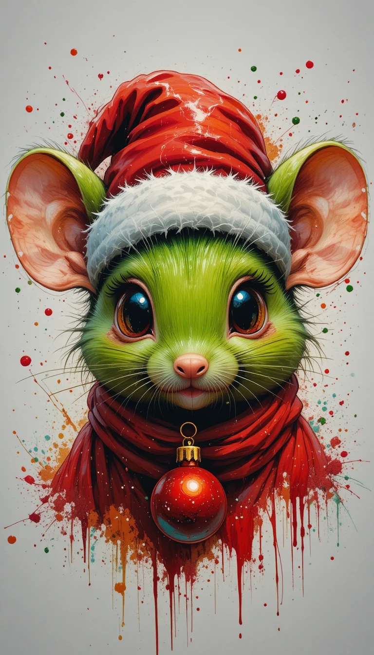 Rato verde fofo com gorro de Natal e respingos de tinta