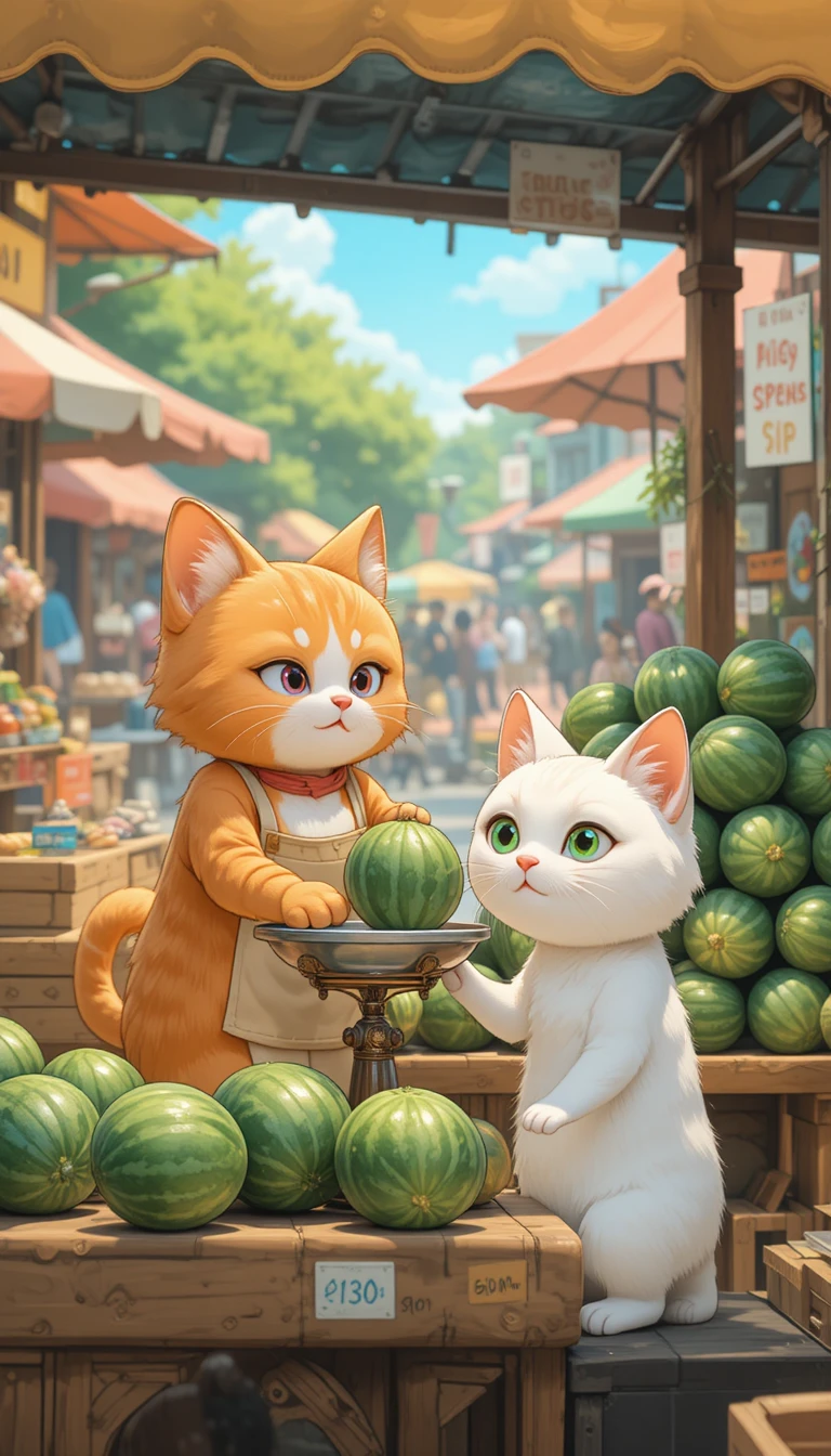 Adorável gato laranja vendedor em uma barraca de melancia na rua ensolarada
