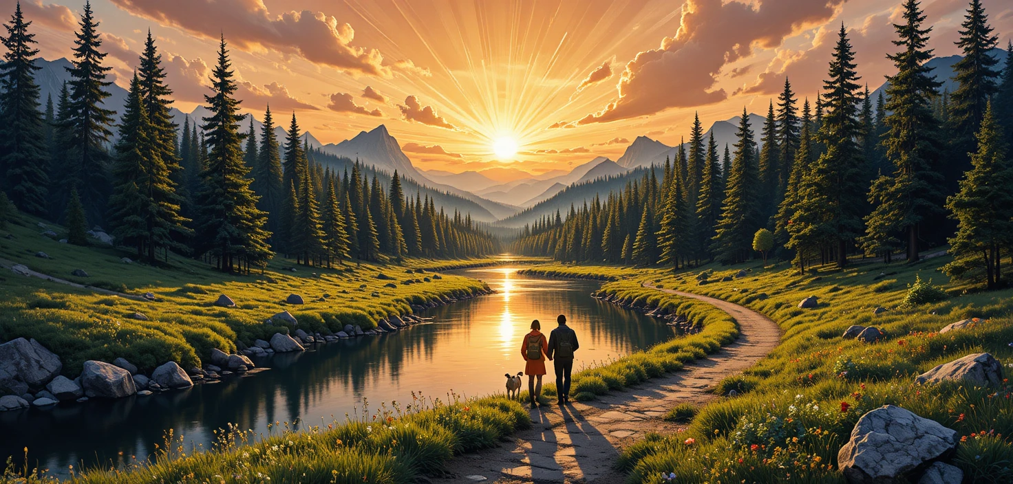 Waldlandschaft bei Sonnenuntergang mit Bach und Wanderern auf dem Pfad