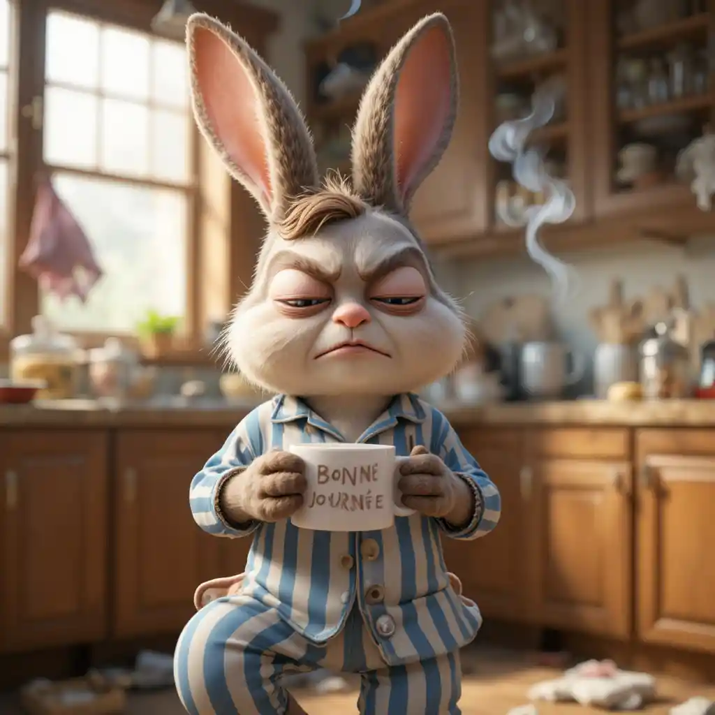 Lapin Endormi et Grognon avec un Café dans une Cuisine en Désordre