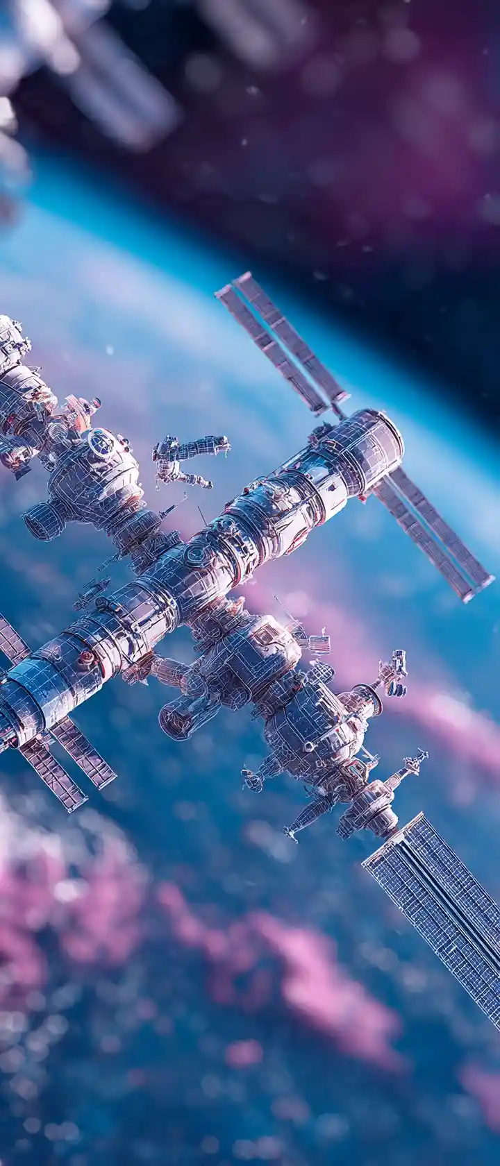 Anime-Raumstation im Neonlook, die einen fernen Planeten umkreist
