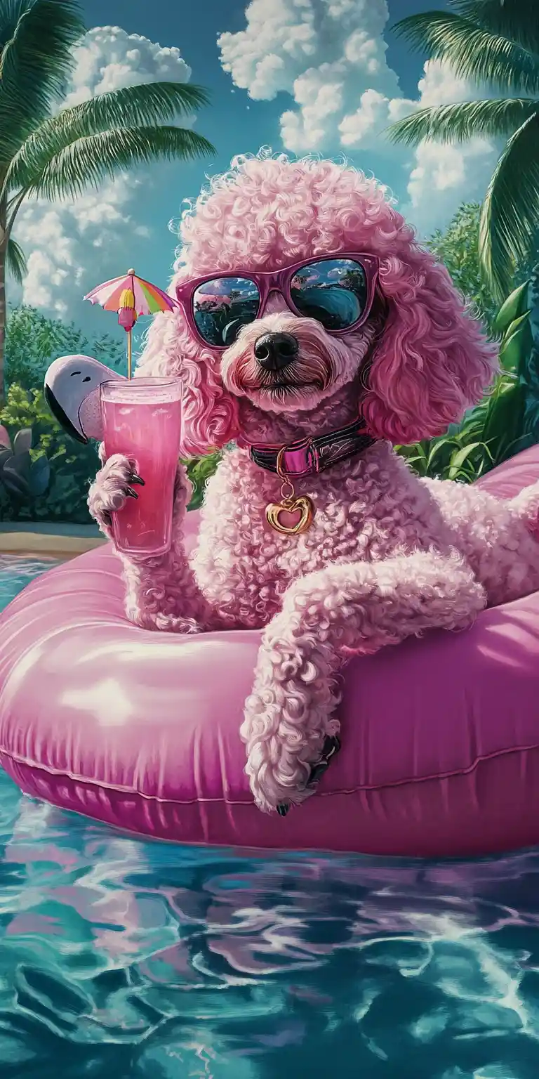 Glamorous pink poodle relaxing on a flamingo pool float