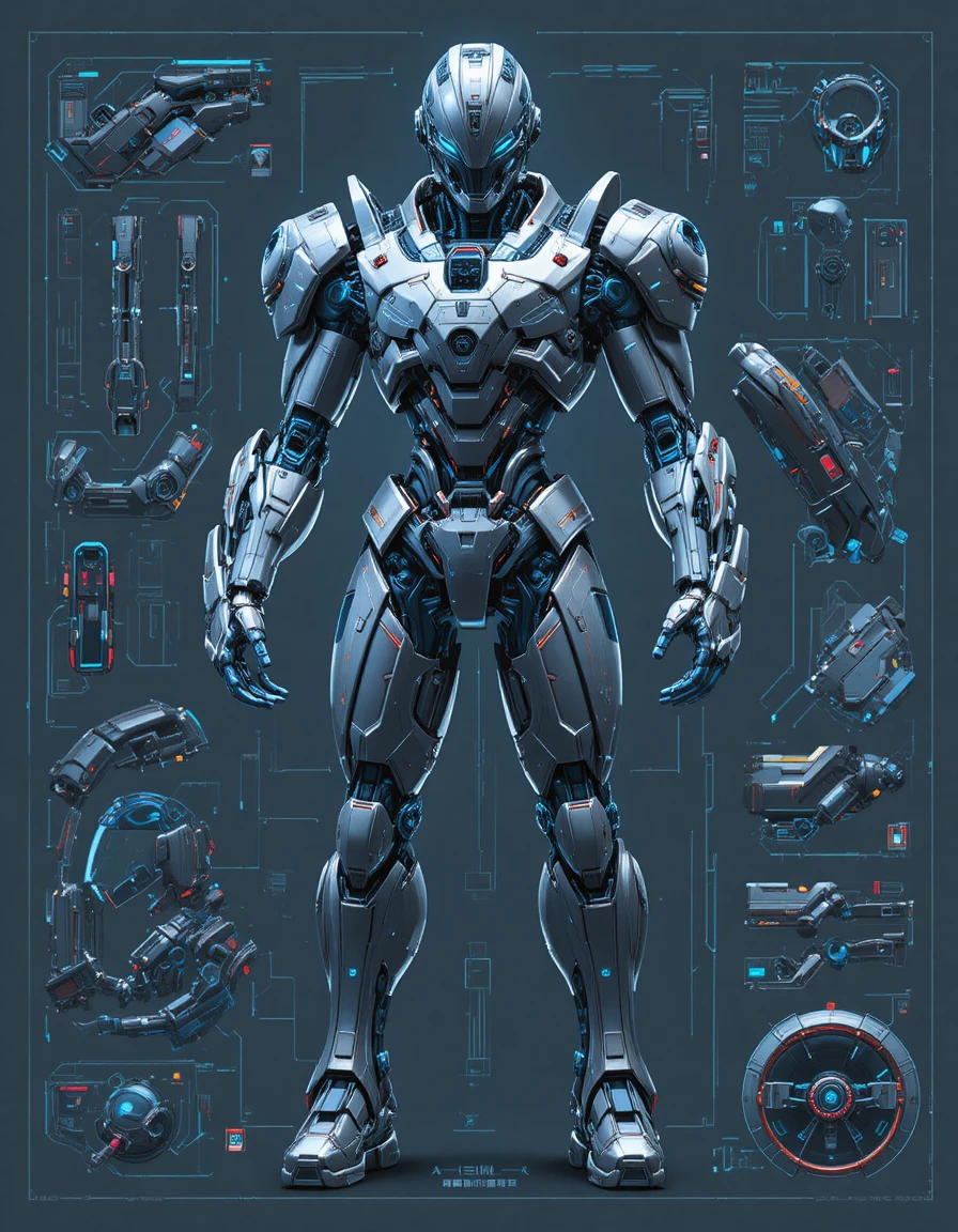 Blueprint de Armadura Mecha Futurista com Componentes Cibernéticos