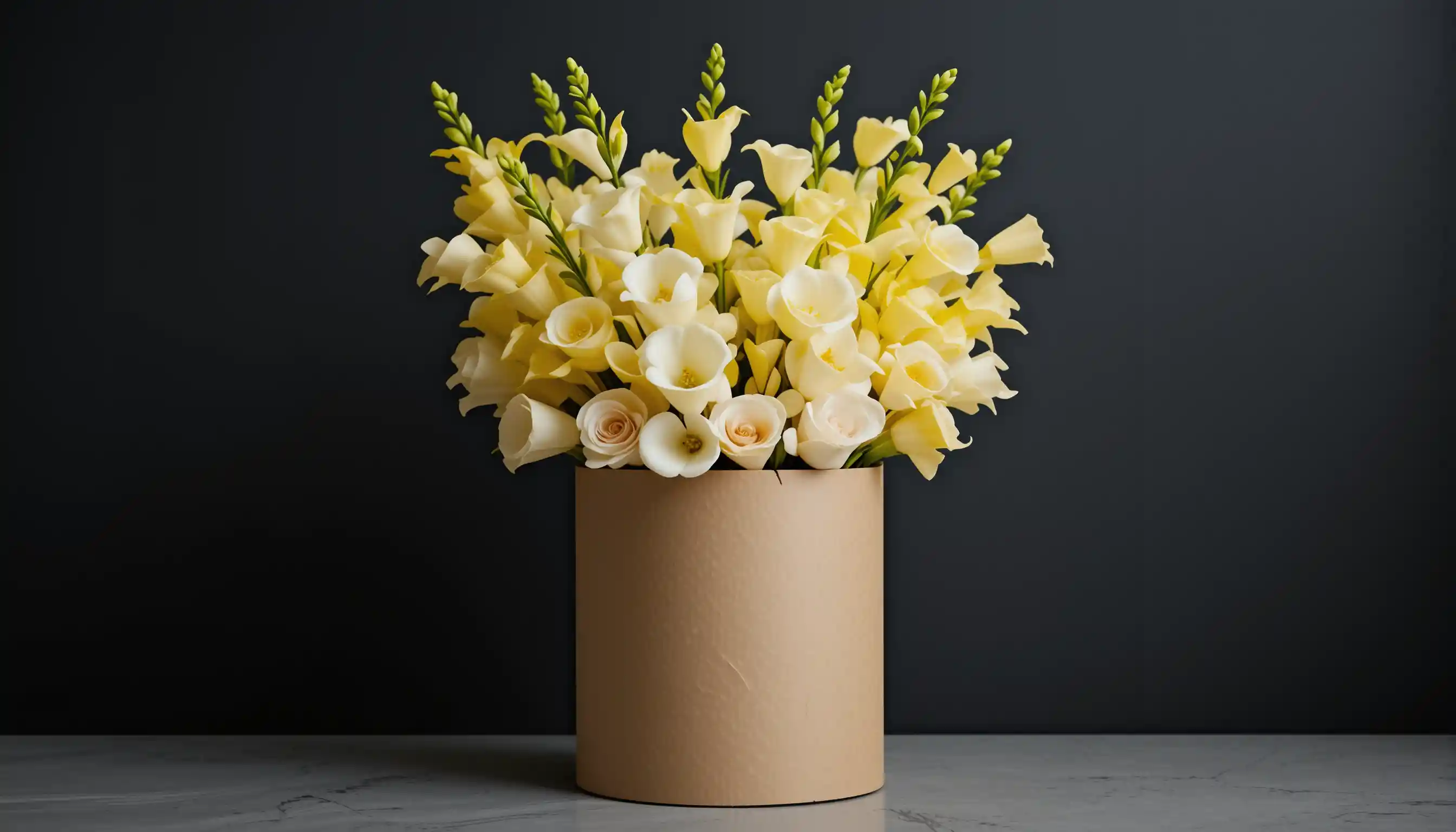 Elegante ramo de fresias envuelto en papel kraft sobre fondo negro