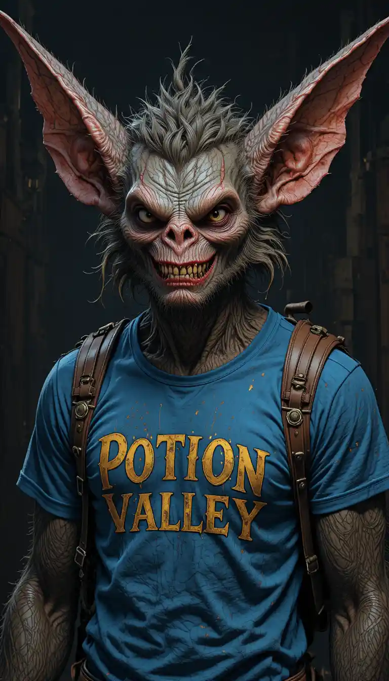 Humanoid bat creature in blue shirt against dark background