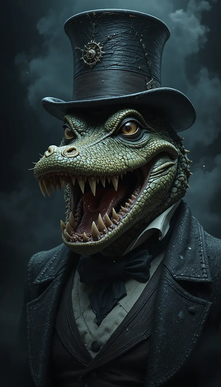 Victorian crocodile in suit with glowing red eyes