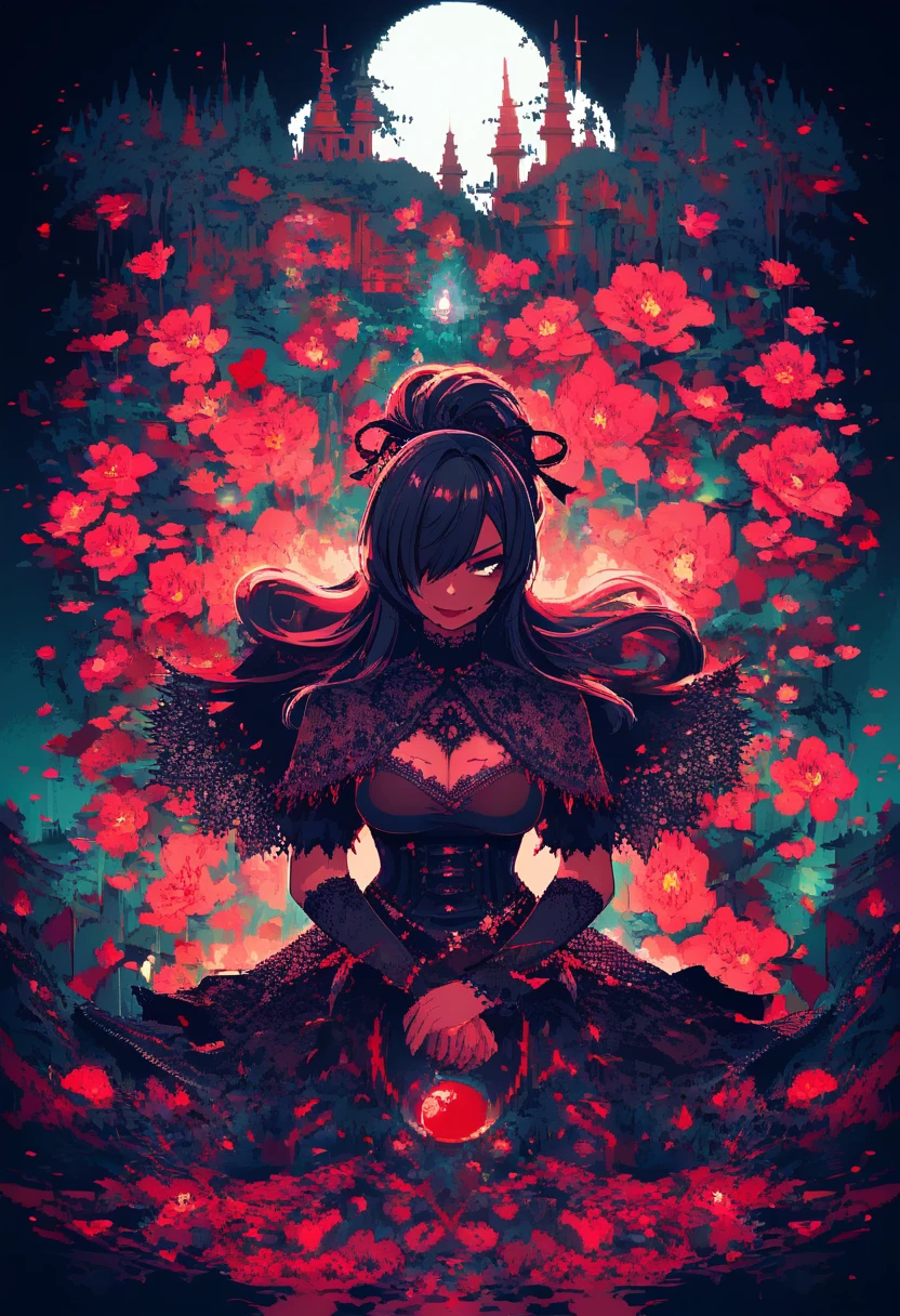 Gothic killer girl in pixel art under the moon