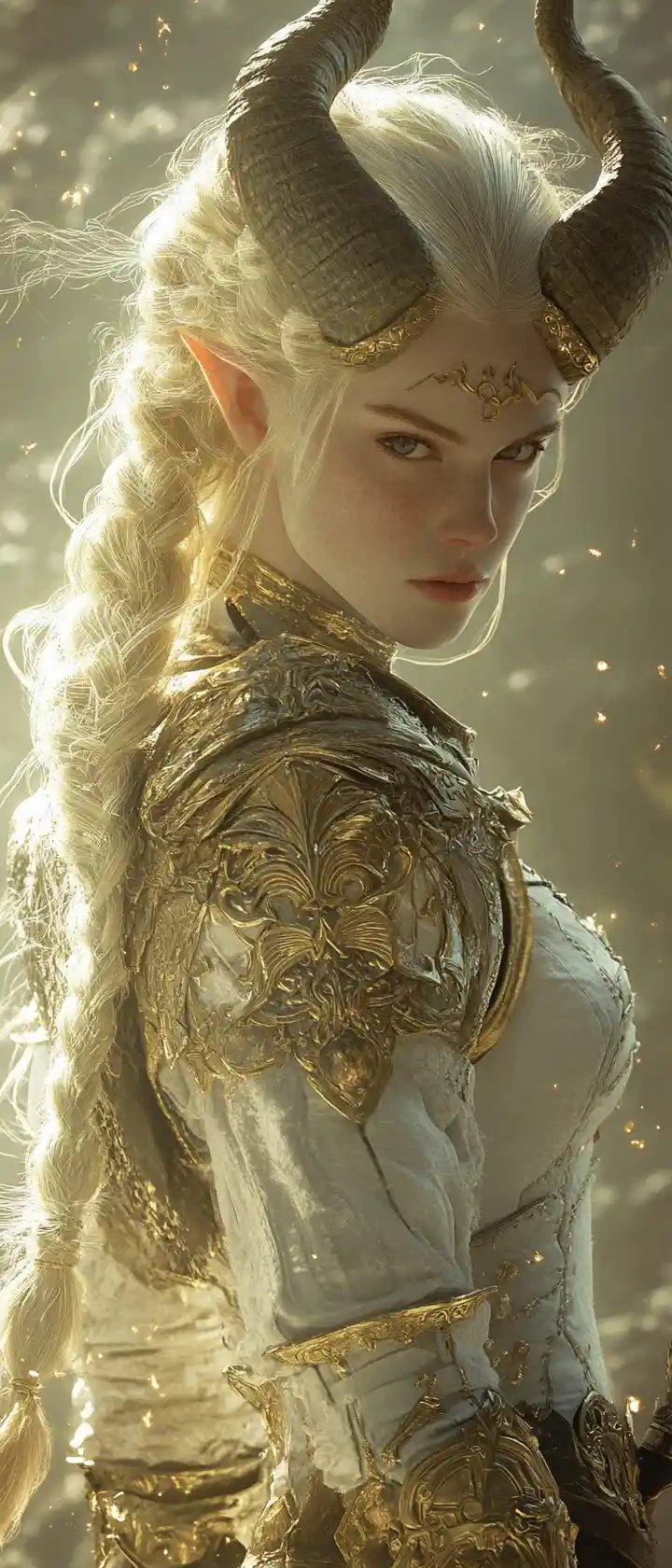 Platinum haired horned warrior in ornate white armor