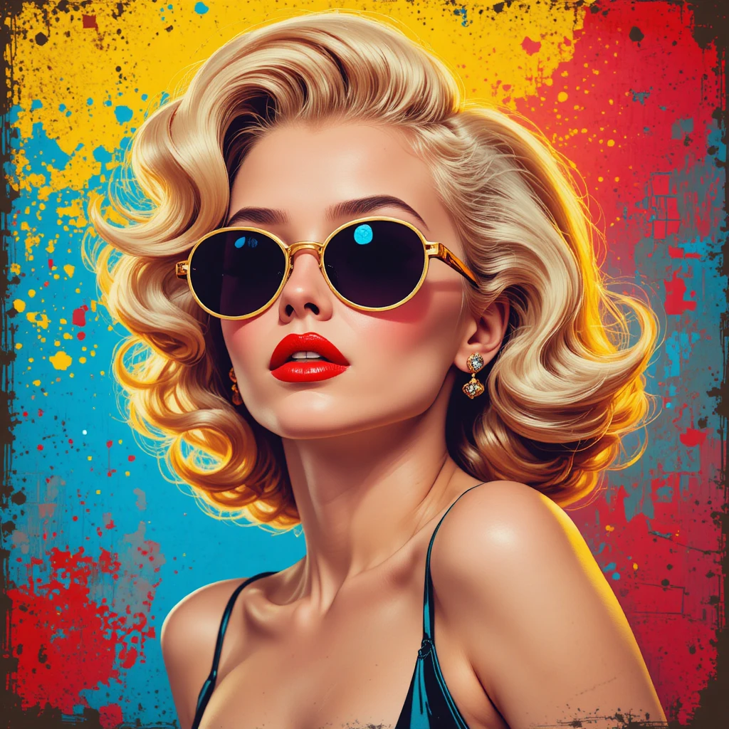Blonde pop art woman in sunglasses with colorful abstract background
