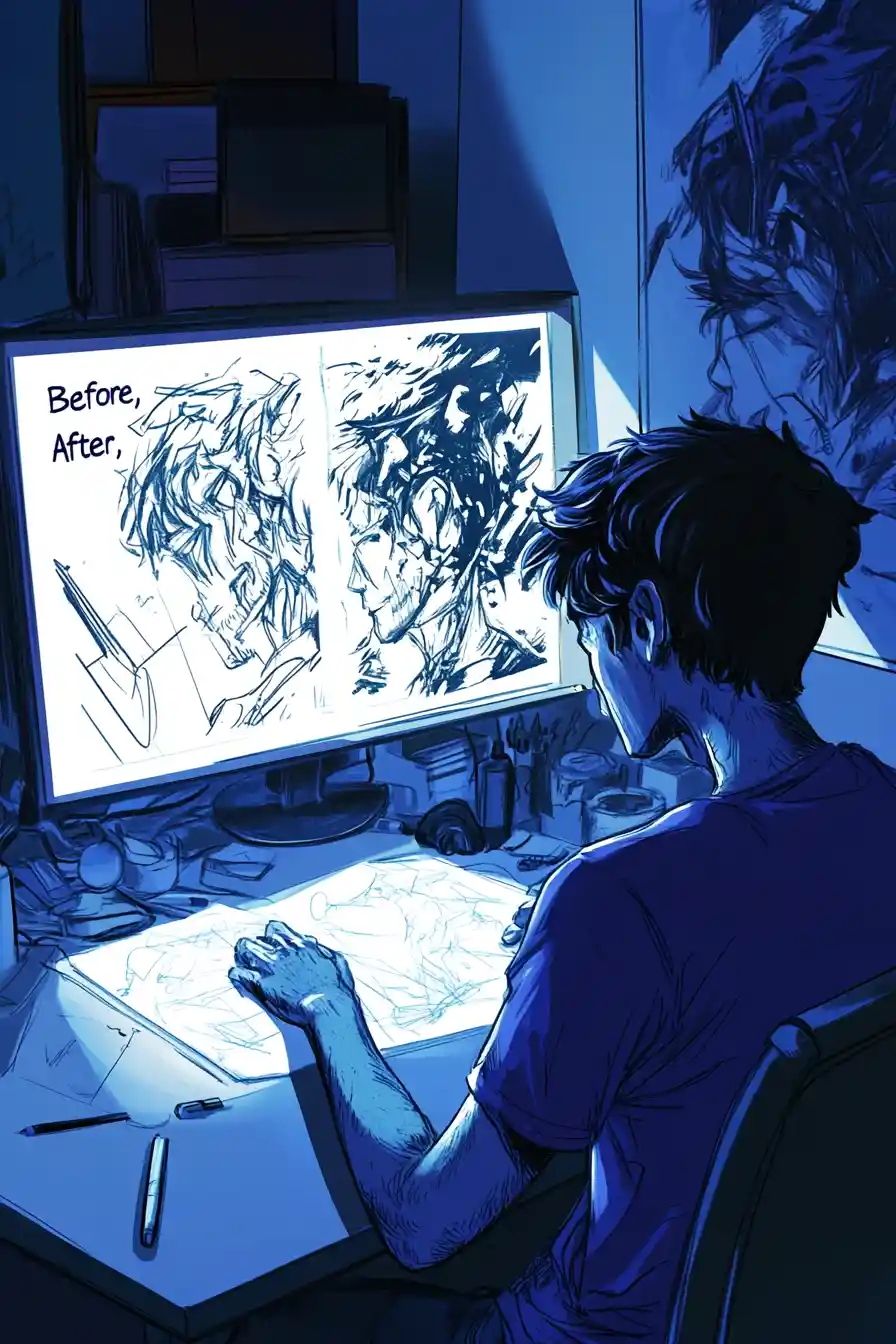 Caricature of an anxious artist before and after monitor scene