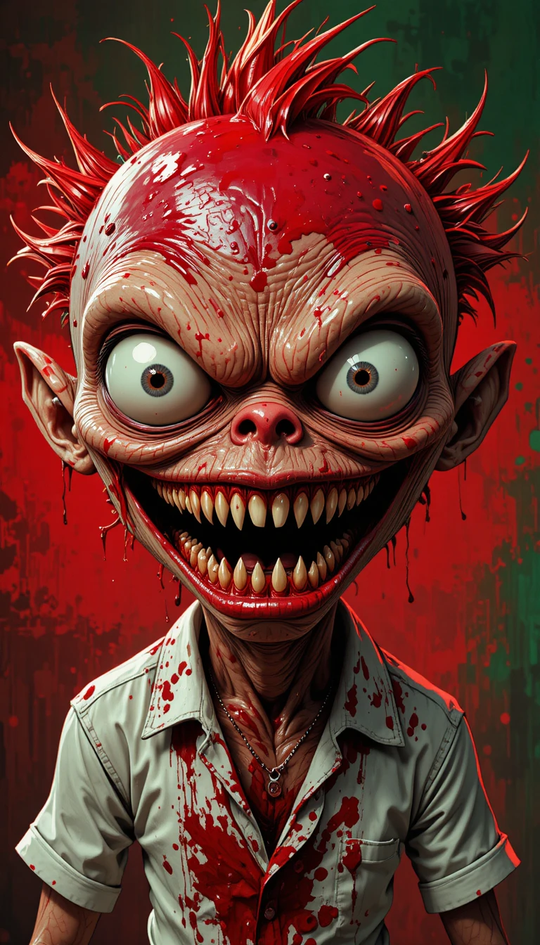 Monstro de Desenho Assustador com Camisa Ensanguentada e Dentes Afiados