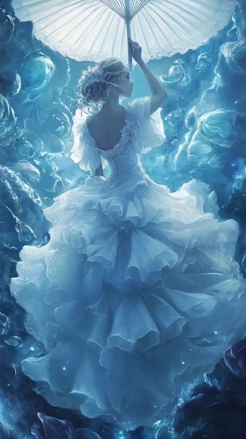 Ätherische Frau im weißen Kleid mit Sonnenschirm in blauer Traumlandschaft