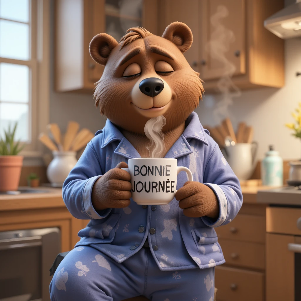Ours endormi en pyjama tenant un café dans une cuisine chaleureuse