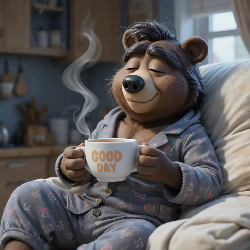 Oso somnoliento en pijama con café en una cocina acogedora